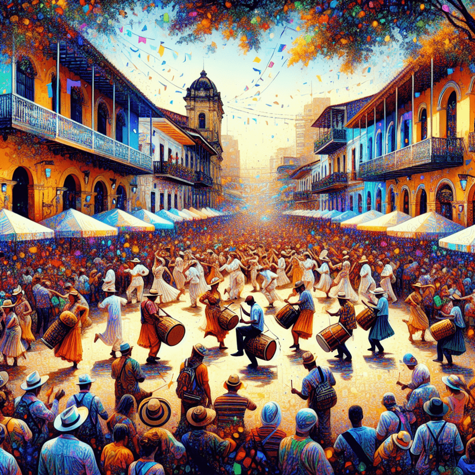 A colorful and lively scene from a festival in Panama, showcasing traditional costumes and energetic dancers.