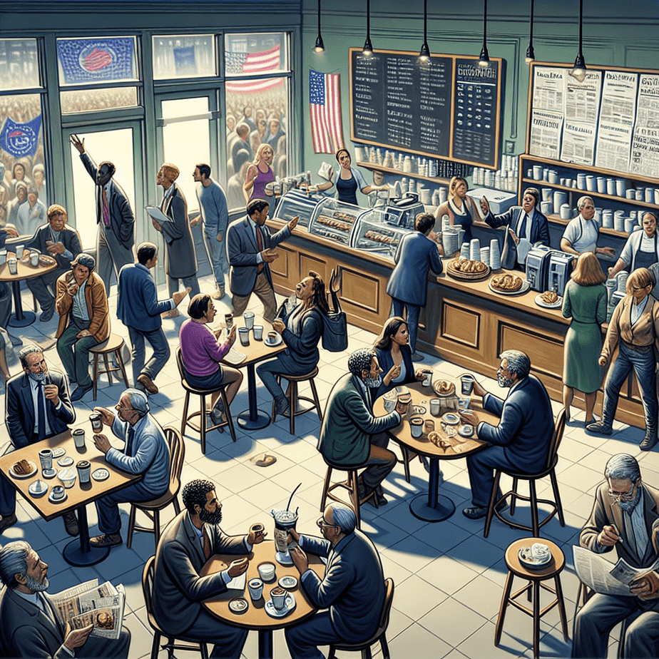 People discussing Democratic Party's unpopularity in a coffee shop after 2024 elections