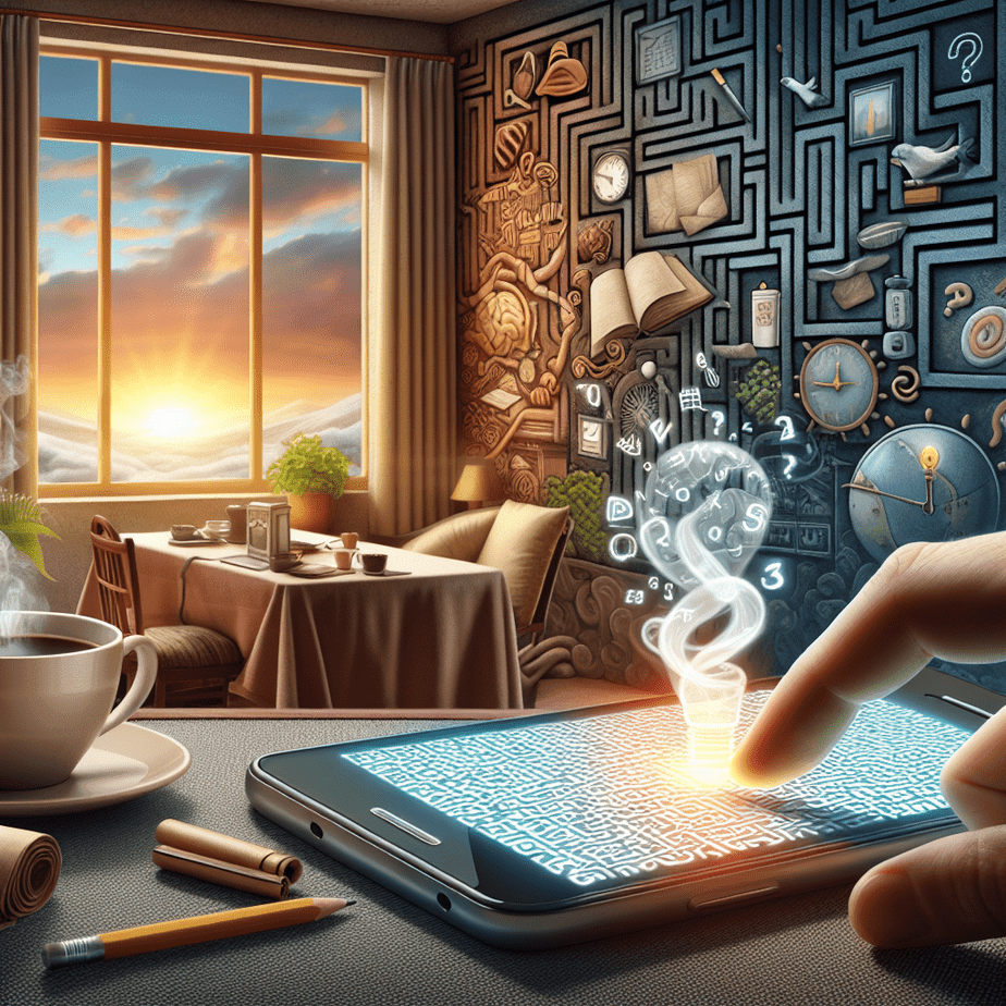 Person enjoying a morning coffee while solving a Wordle puzzle on their phone