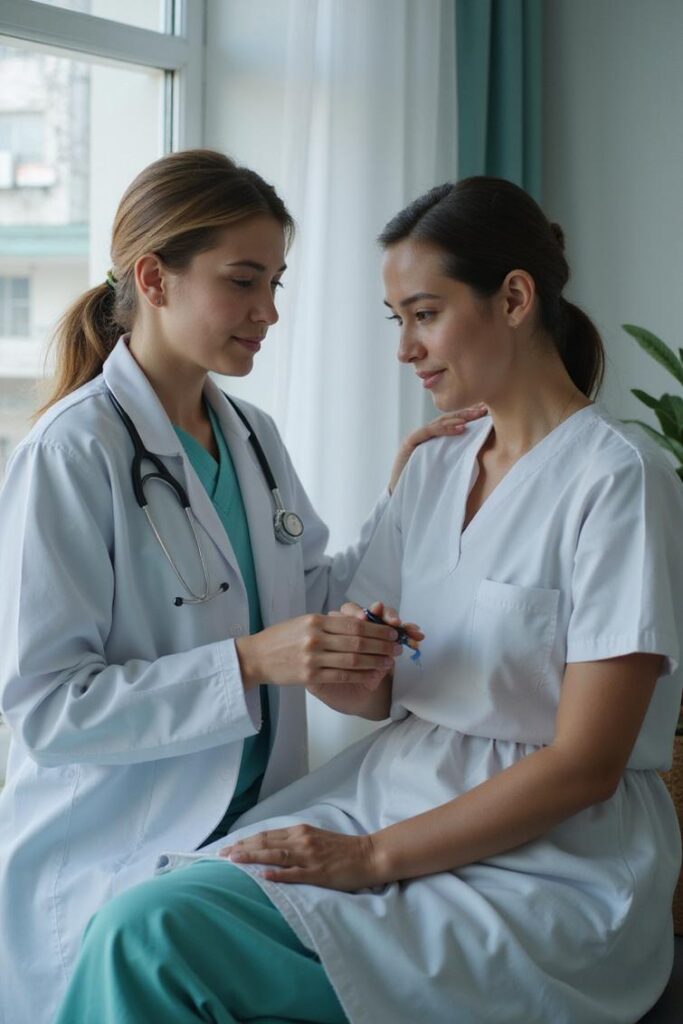 Ilustração de pacientes e profissionais discutindo educação no cuidado oncológico para promover equidade em saúde