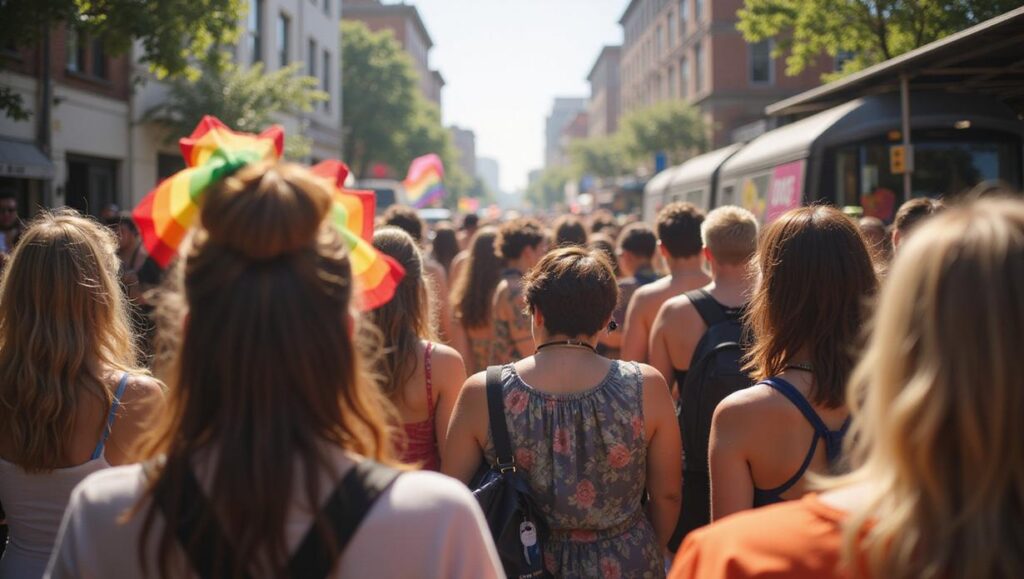 Desfile vibrante do Mês do Orgulho LGBTQ+ com participantes celebrando diversidade e inclusão