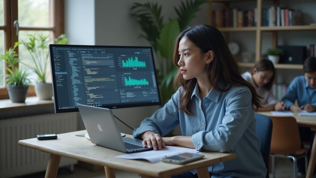 Ilustração de um robô em uma sala de aula, simbolizando a discussão sobre inteligência artificial na educação