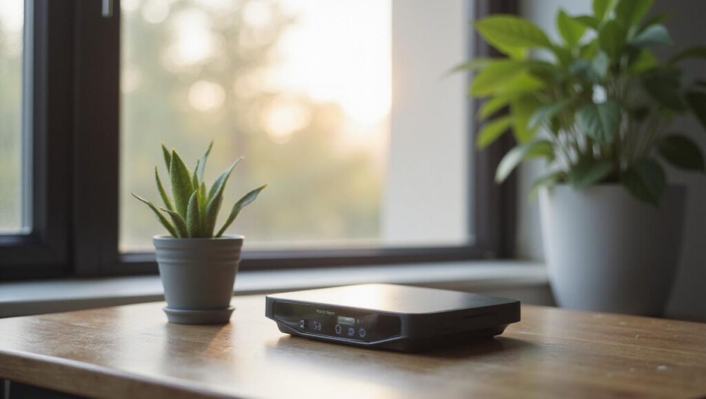 Pessoa segurando roteador Wi-Fi moderno em ambiente doméstico